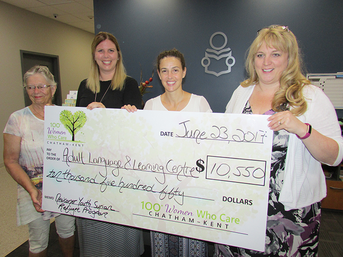 Adult Language and Learning Centre board chair Anne Gooch was on hand to accept a donation recently of $10,550 from 100+ Women Who Care Chatham-Kent chapter leaders Quinn O’Hara Lassaline and Rachel Raspburg, with Tracy Callaghan, executive director of the Centre.